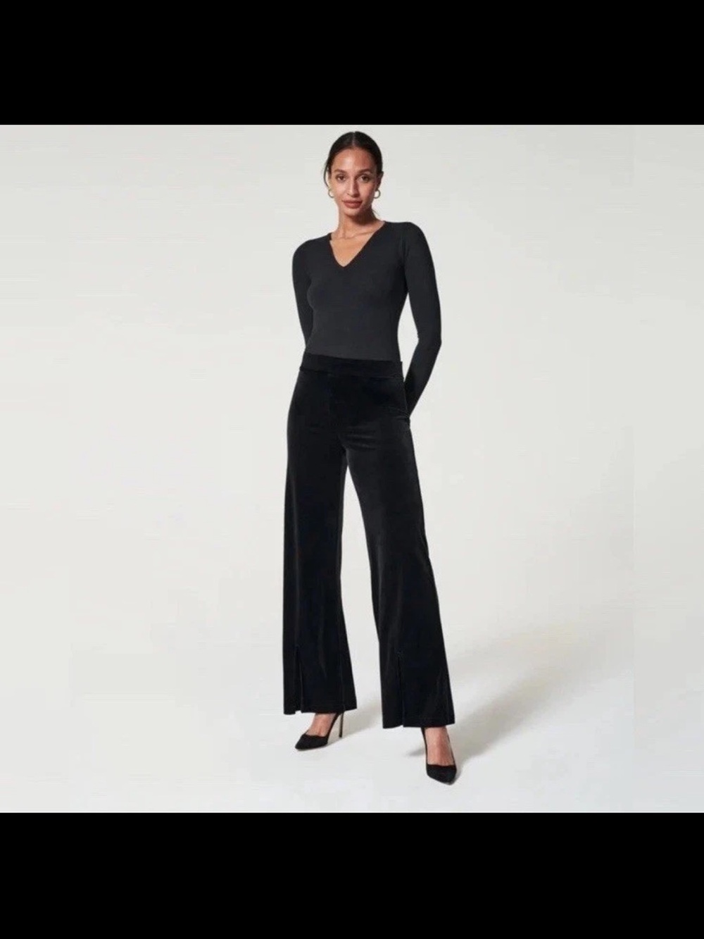 SPANX Black Wide-Leg Velvet Pants With Slits
